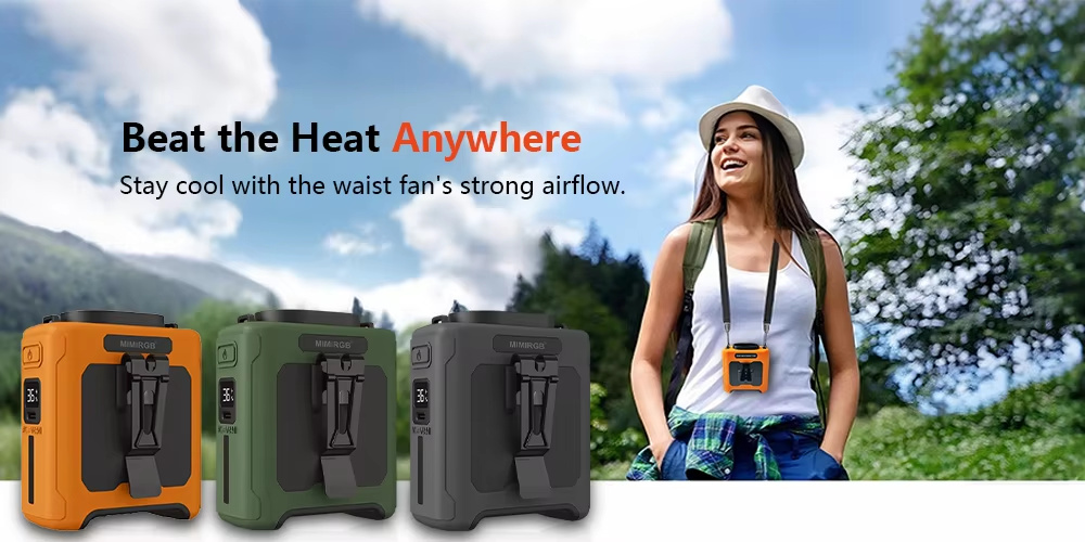 This wearable waist fan integrates cooling fan, emergency power bank and LED flashlight. It can clip on your belt, hang around neck or stand on desk, perfect for outdoor work, fishing, hiking and camping.