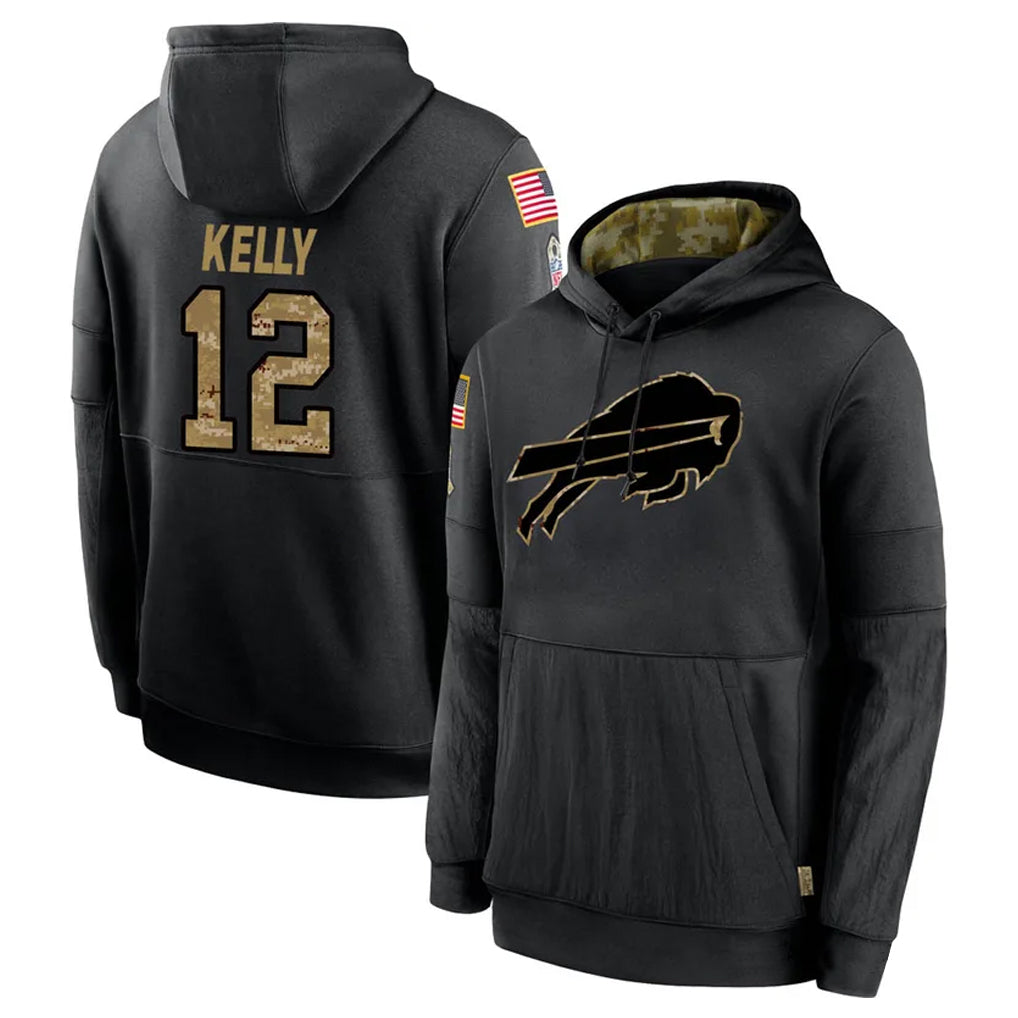 My Store B.Bills #12 Jim Kelly Player Black Salute to Service Hoodies Hame Stitched Jerseys