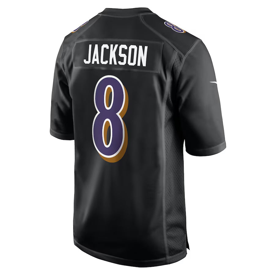 My Store B.Ravens #8 Lamar Jackson Player Black Carbon Fashion Home Game Stitched Jerseys
