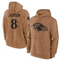 My Store B.Ravens #8 Lamar Jackson Player Brown Salute to Service Pullover Hoodie Stitched Jerseys