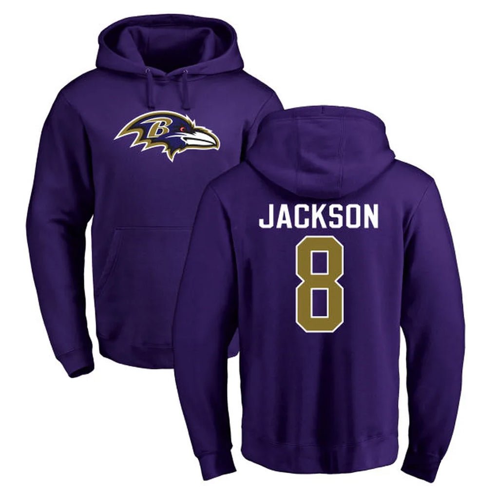 My Store B.Ravens #8 Lamar Jackson Player Purple Salute to Service Pullover Hoodie Stitched Jerseys