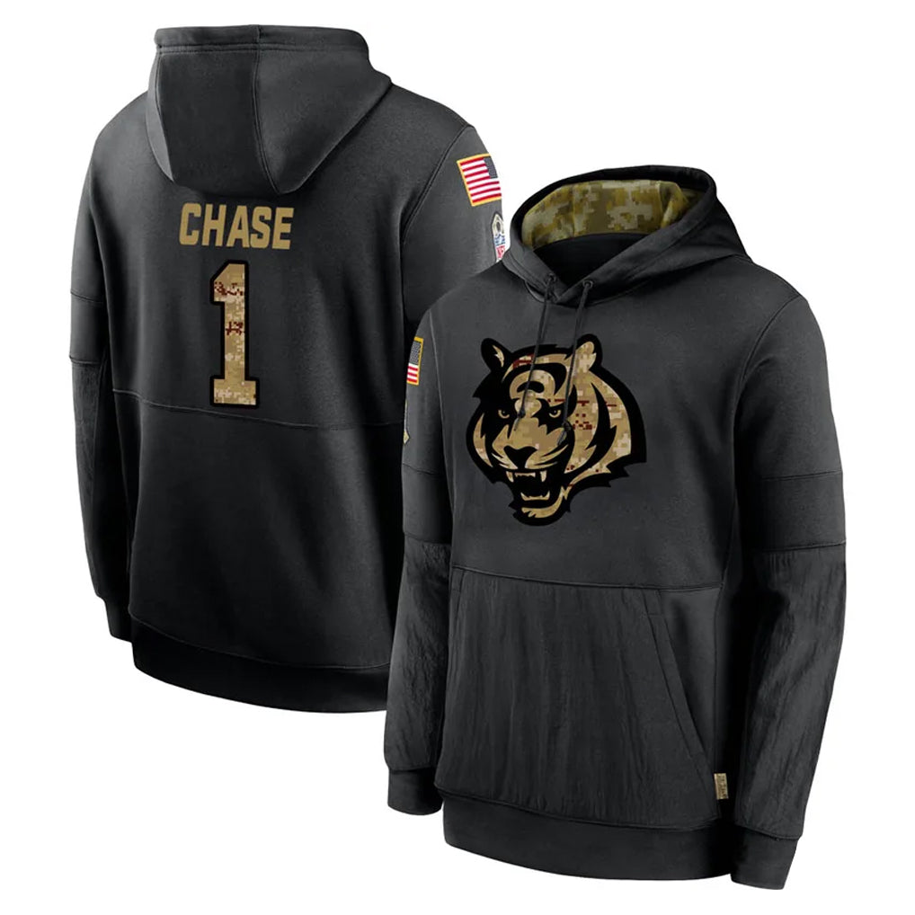 My Store C.Bengals #1 Ja'Marr Chase Player Black Salute to Service Pullover Hoodies Limited Stitched Jerseys