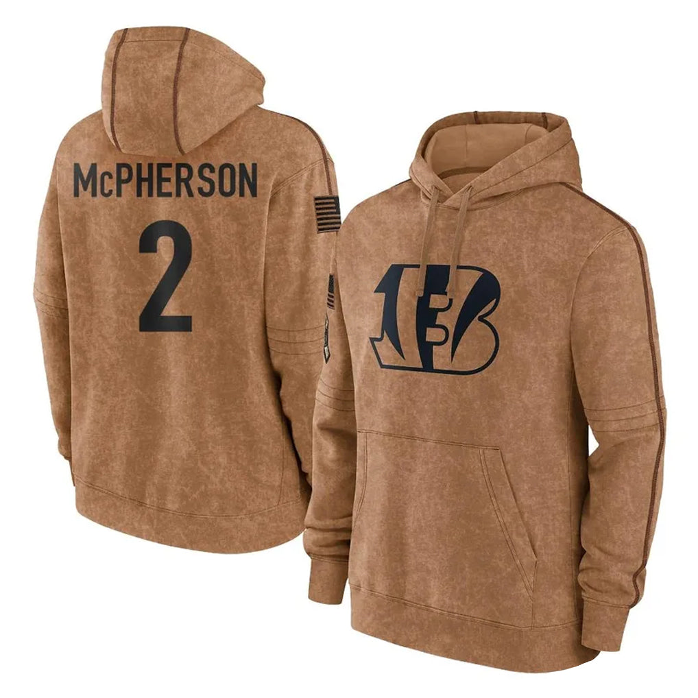 My Store C.Bengals #2 Evan McPherson Player Brown Salute to Service Pullover Hoodie Limited Stitched Jerseys