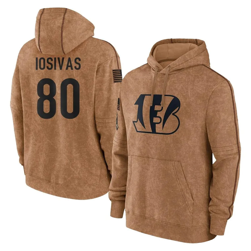 My Store C.Bengals #80 Andrei Iosivas Player Brown Salute to Service Pullover Hoodie Limited Stitched Jerseys
