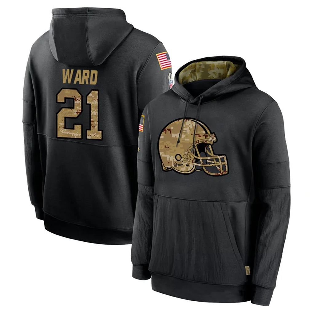 My Store C.Browns #21 Denzel Ward Player Black Salute to Service Pullover Hoodies Limited Stitched Jerseys