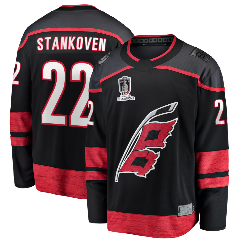 My Store C.Hurricanes #22 Logan Stankoven Black 2026 Stanley Cup Champions Home Breakaway Stitched Jerseys