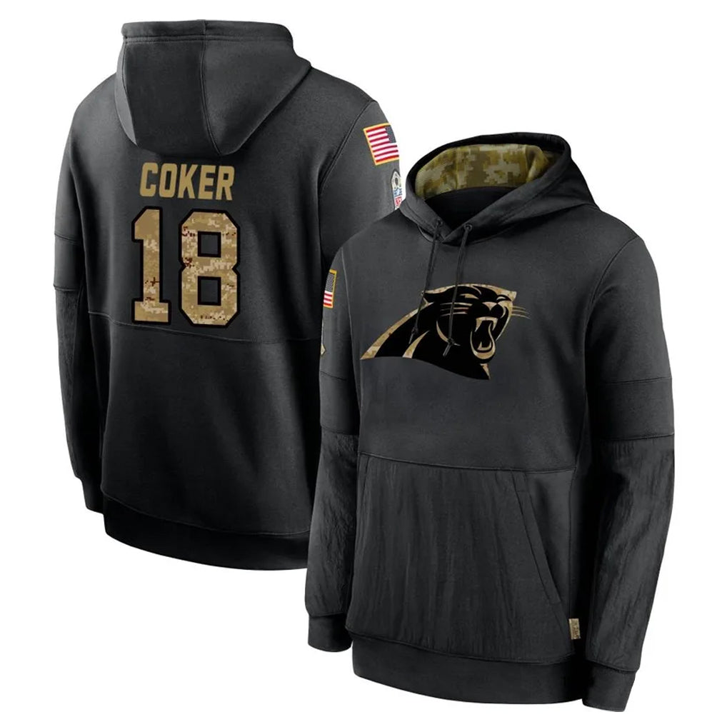 My Store C.Panthers #18 Jalen Coker Player Black Salute to Service Pullover Hoodies Limited Game Stitched Jerseys