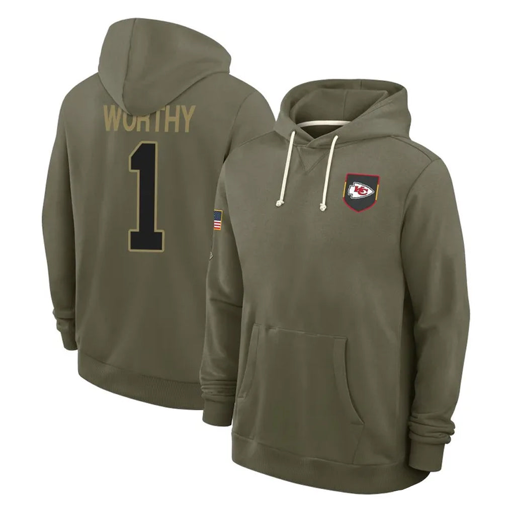 My Store KC.Chiefs #1 Xavier Worthy Player Olive Salute to Service Pullover Hoodies Limited Stitched Jerseys