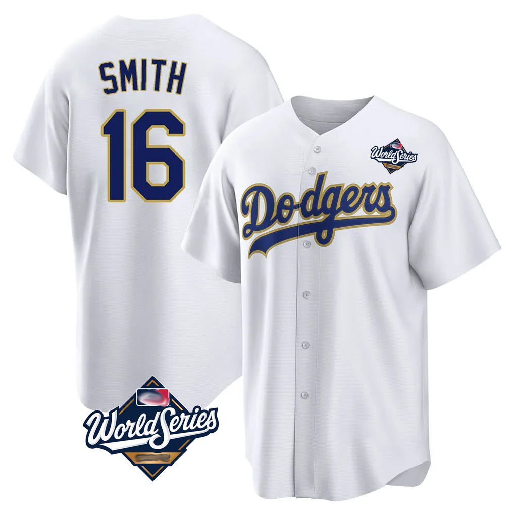 My Store LA.Dodgers #16 Will Smith Player Gold White World Series 2026 Collection Stadium Game Stitched Jerseys