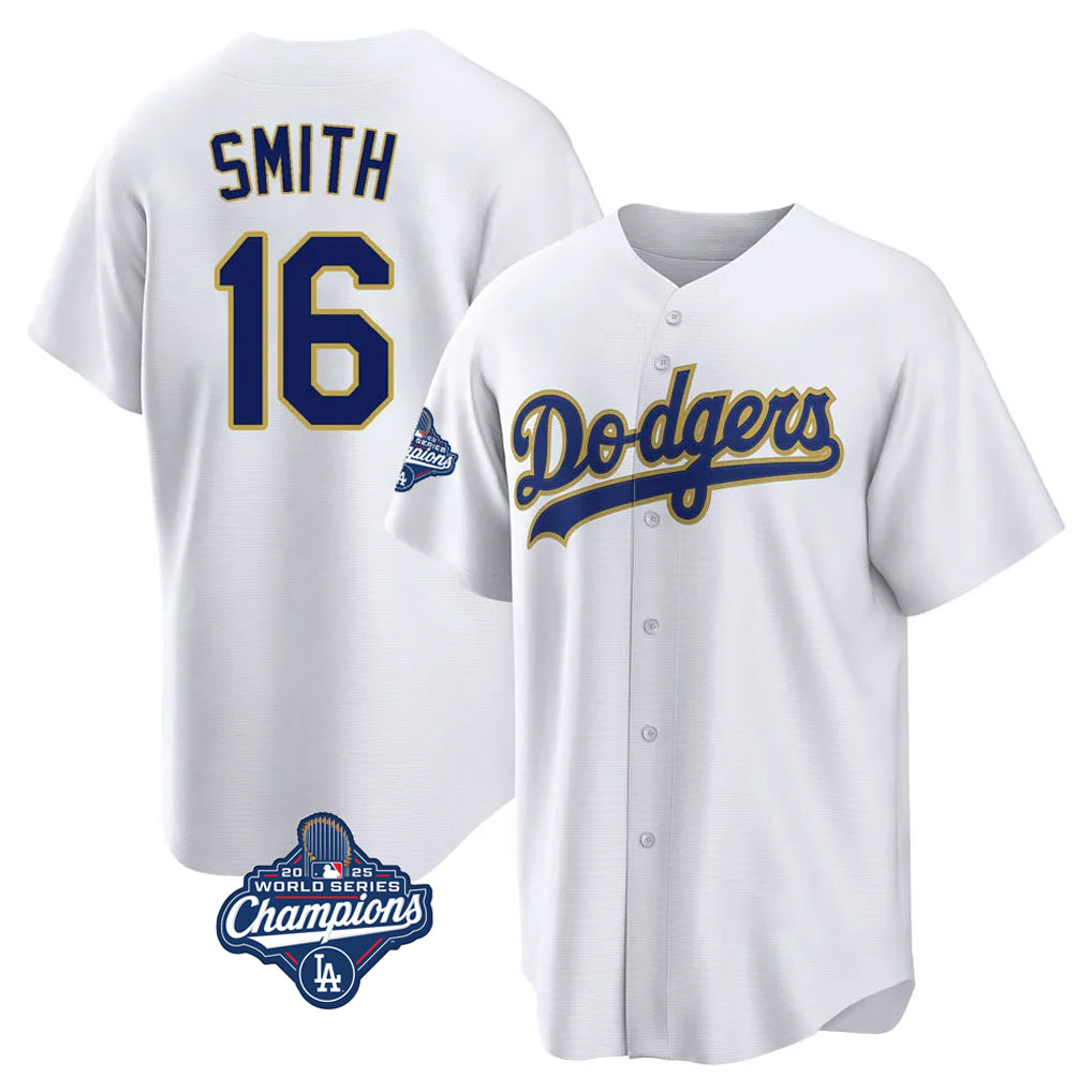 My Store LA.Dodgers #16 Will Smith Player Gold White World Series Meet 2026 Collection Stadium Game Stitched Jerseys