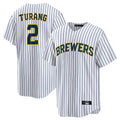 My Store M.Brewers #2 Brice Turang Player White Stripes Home Game Stitched Jerseys