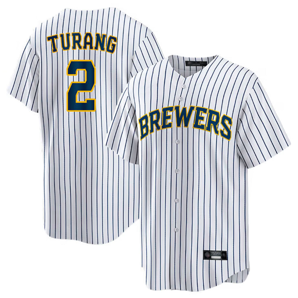 My Store M.Brewers #2 Brice Turang Player White Stripes Home Game Stitched Jerseys