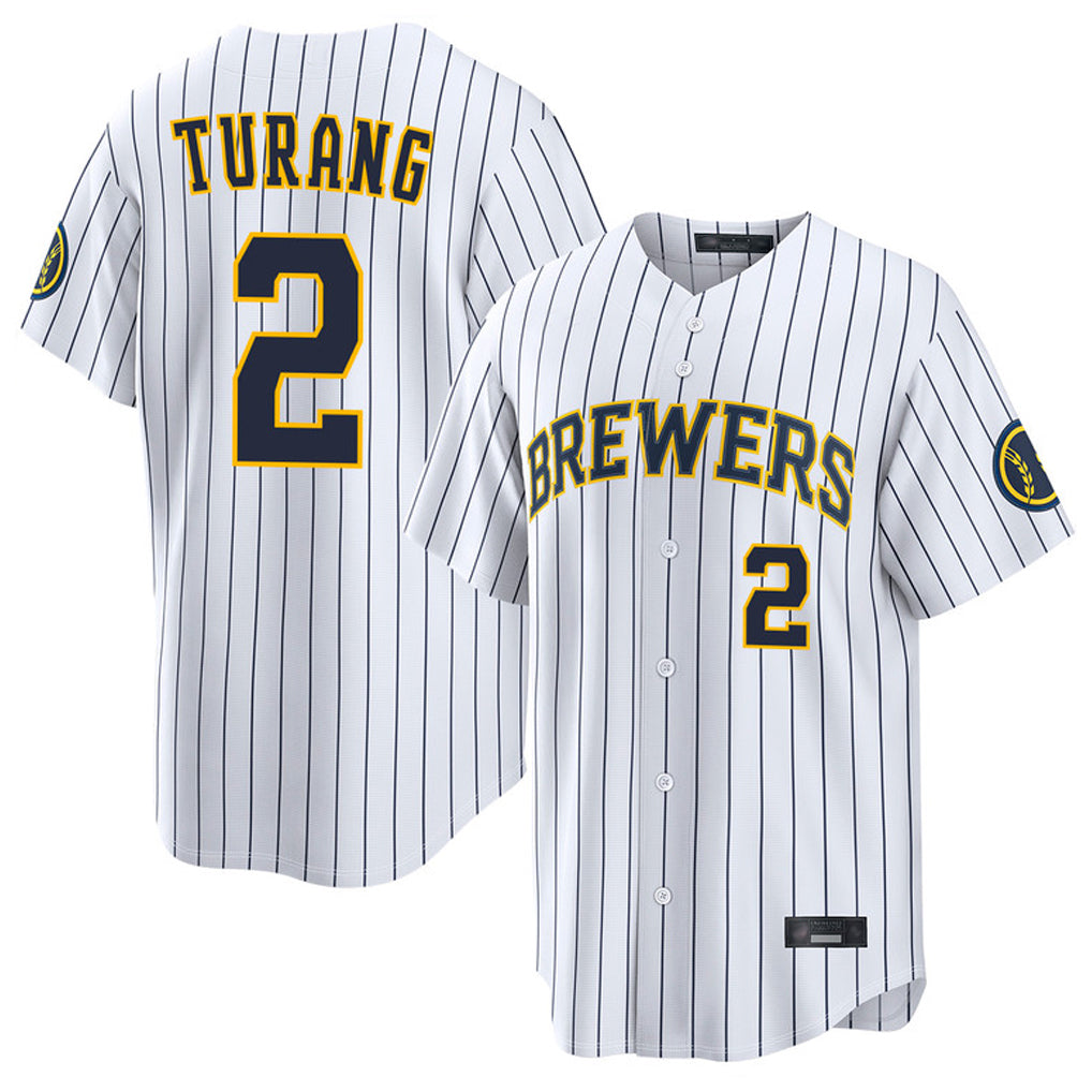 My Store M.Brewers #2 Brice Turang Player White Stripes Home Limited Game Stitched Jerseys