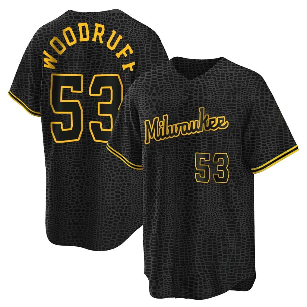 My Store M.Brewers #53 Brandon Woodruff Player Black Snake Skin City Home Game Stitched Jerseys