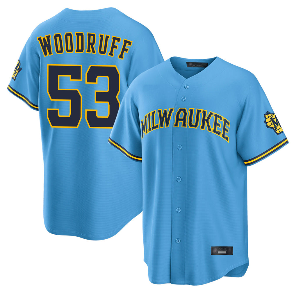 My Store M.Brewers #53 Brandon Woodruff Player Light Blue Road Stadium Game Stitched Jerseys