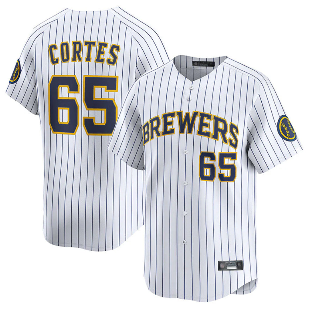 My Store M.Brewers #65 Nestor Cortes Player White Stripes Home Limited Game Stitched Jerseys
