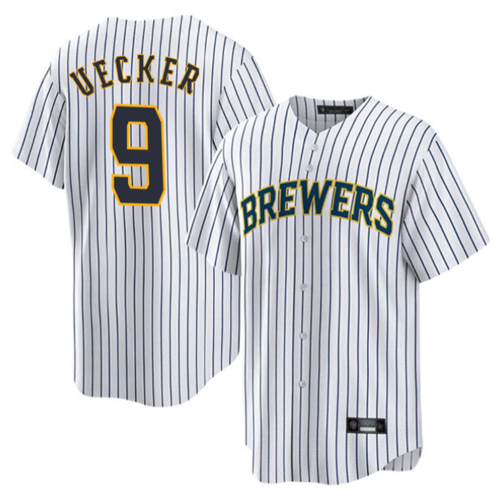 My Store M.Brewers #9 Bob Uecker Player White Stripes Home Game Stitched Jerseys
