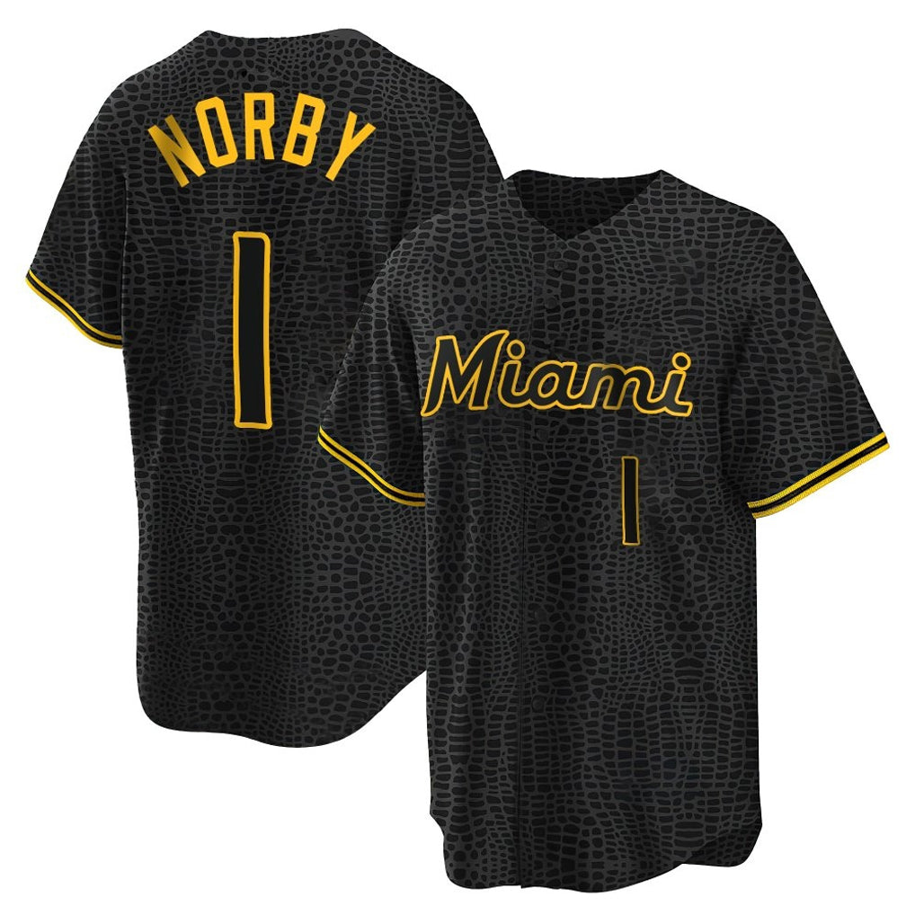 My Store M.Marlins #1 Connor Norby Player Black Snake Skin City Home Game Stitched Jerseys