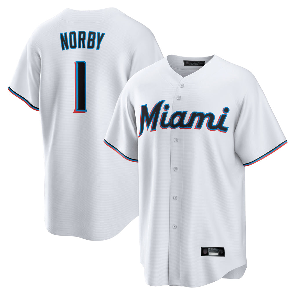 My Store M.Marlins #1 Connor Norby Player White  Home Game Stitched Jerseys