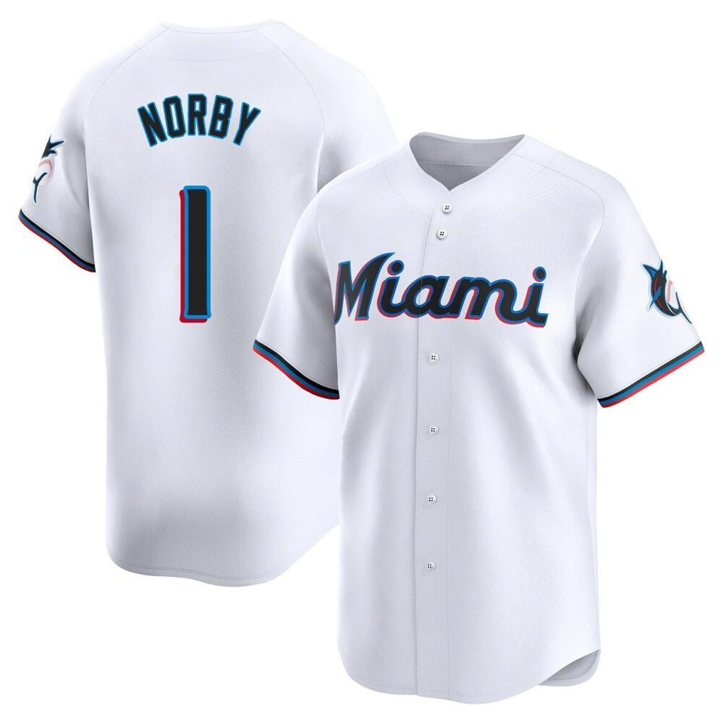 My Store M.Marlins #1 Connor Norby Player White  Home Limited Stitched Jerseys