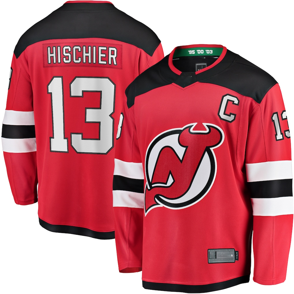 My Store NJ.Devils #13 Nico Hischier Red Captain Patch Home Breakaway Jerseys