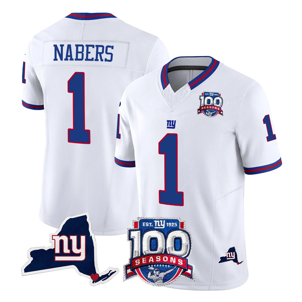 My Store NY.Giants #1 Malik Nabers Player White 100th Season & State Patch Vapor Limited Home Game Stitched Jerseys