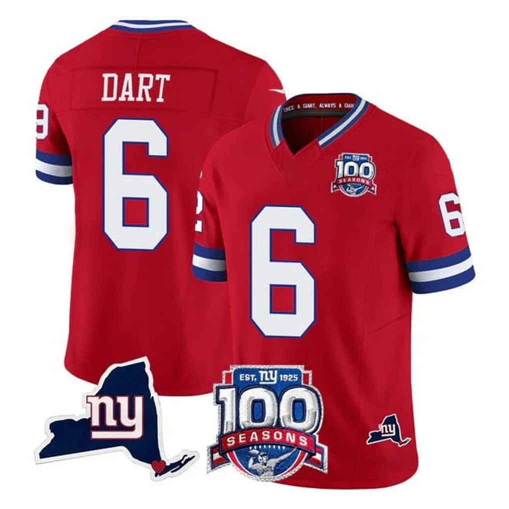 My Store NY.Giants #6 Jaxson Dart Player Red 100th Season & State Patch Vapor Limited Home Game Stitched Jerseys