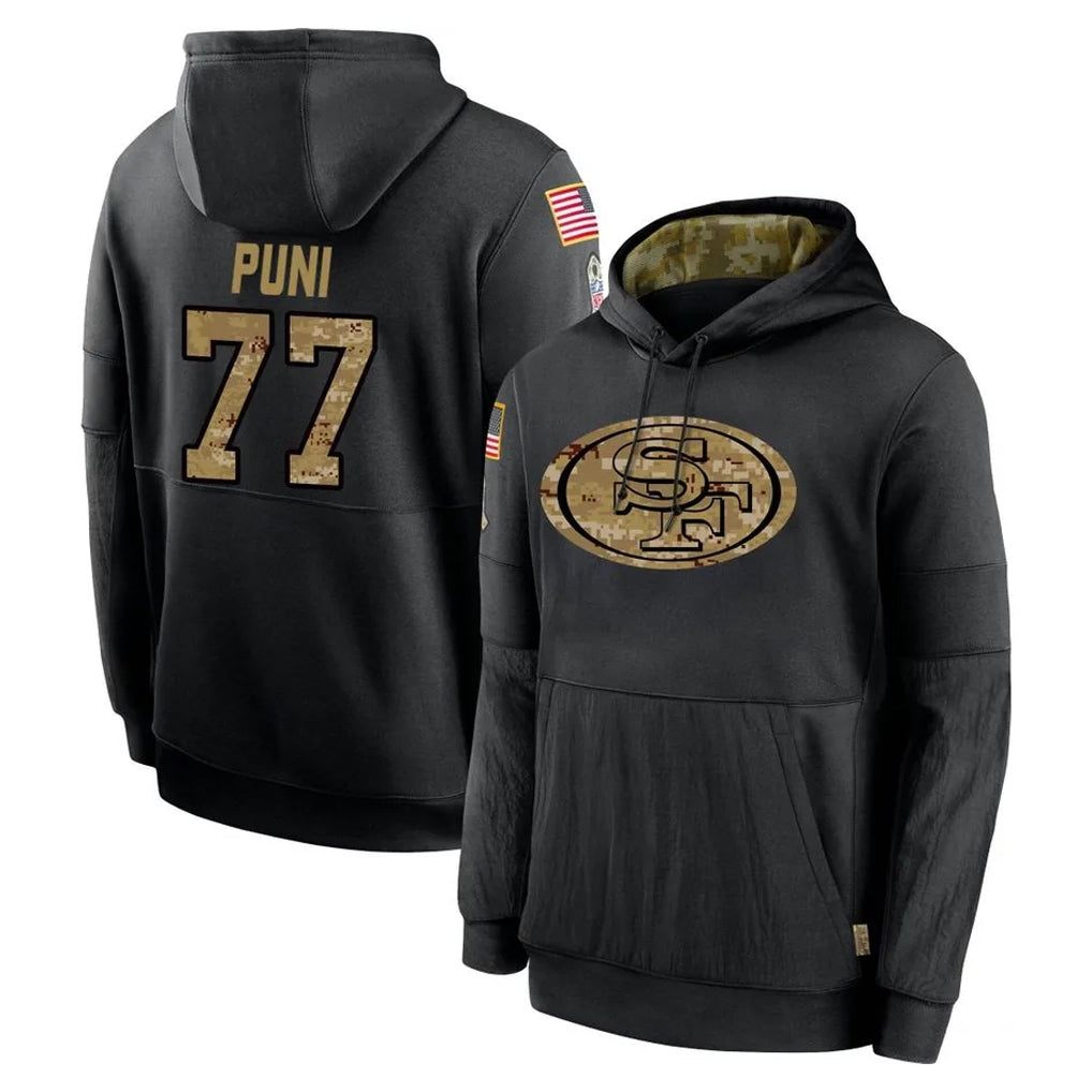 My Store SF.49ers #77 Dominick Puni Player Black Salute to Service Sideline Performance Pullover Hoodies Home Game Stitched Jerseys